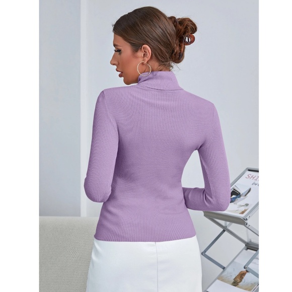 Lilac Purple Sweater Top Rib-Knit High Neck Turtleneck Long Sleeve - Picture 4 of 9